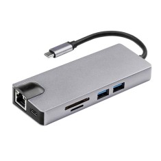 Adaptor Hub Multifunctional 8 In 1 Techstar? SFQ8IN1, HDMI 4K, VGA 1080P, USB-C, 2 X USB 3.0, LAN RJ45 Ethernet 1000Mbps, Cititor de carduri SD/TF, PD foto