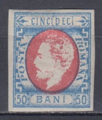 ROMANIA1872 LP 34 CAROL I CU BARBA 50 BANI IMPRESIUNE DEFECTUOASA GUMA ORIGINALA