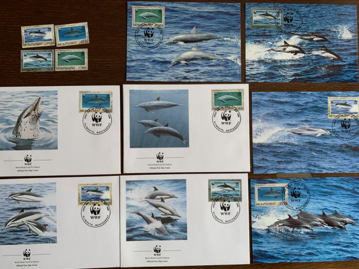 montserrat - delfin - serie 4 timbre MNH, 4 FDC, 4 maxime, fauna wwf