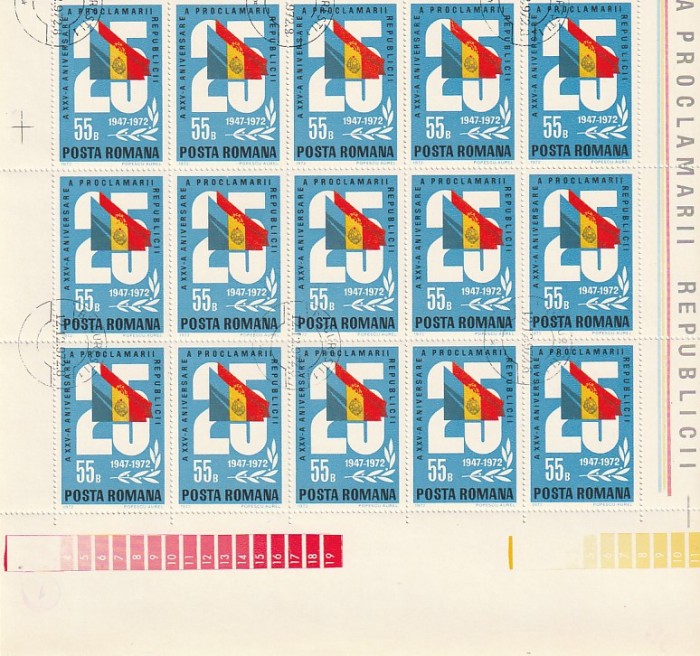 A XXV-A ANIV. A PROCLAMARII REPUBLICII ( LP 813 ) 1972 OBLITERATA BLOC DE 15