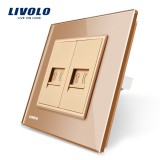 Cumpara ieftin Priza dubla telefon Livolo aurie cu rama din sticla crystal