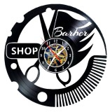 Ceas de perete decorativ realizat din disc de vinil, Model Barber Shop, Foarfeca de Tuns, Pieptene, Text Barber Shop, Cadran Skeleton, Negru, 30 cm