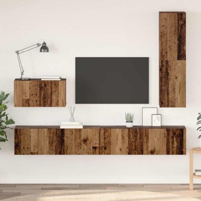 Set dulap TV cu raft Pe perete Altele cu depozitare cu ușă 4 pcs Lemn vechi Mediu Lemn compozit foto