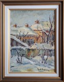 Hortensia Popescu (1895-1975)-Peisaj de iarnă cu case, pictură ulei