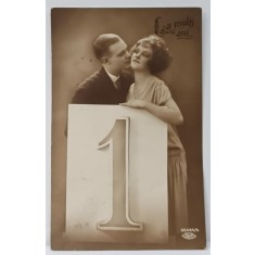 LA MULTI ANI ! CARTE POSTALA , FELICITARE DE ANUL NOU , CU UN CUPLU SI CIFRA 1 DIN CALENDAR , 1929