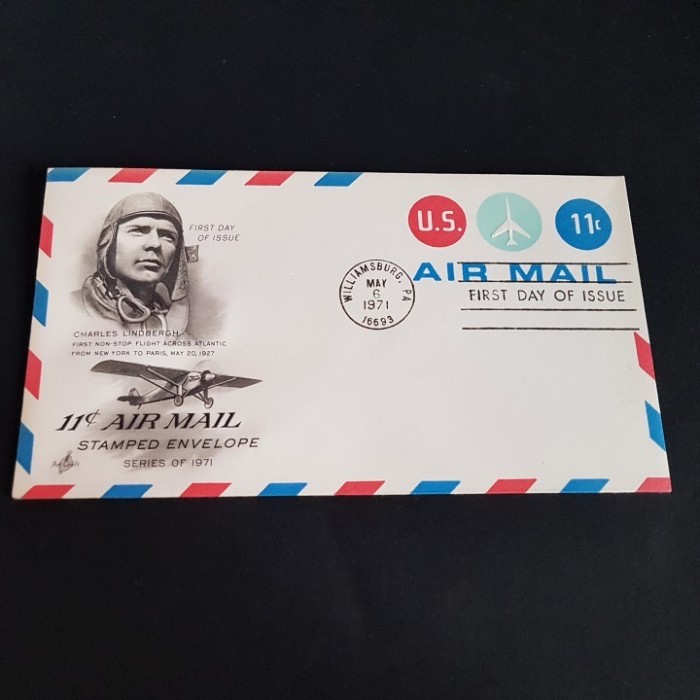 Plic Filatelic 1971 &ndash; Charles Lindbergh, 11&cent; Air Mail, Prima Zi de Emisiune, Vintage