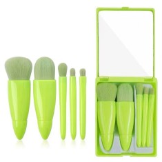 Set 5 mini pensule de machiaj, flippy, portabile, in carcasa cu oglinda, din par sintetic moale, verde lime, 12x7x2.5 cm