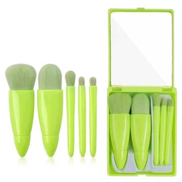 Set 5 mini pensule de machiaj, flippy, portabile, in carcasa cu oglinda, din par sintetic moale, verde lime, 12x7x2.5 cm
