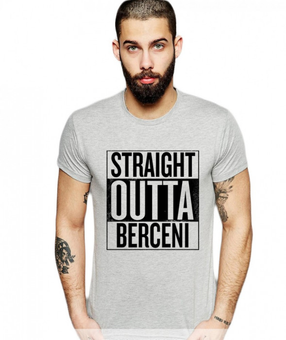 Tricou barbati gri cu text negru - Straight Outta Berceni - 2XL