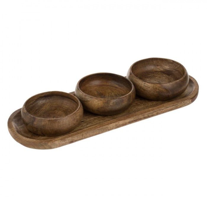 Platou Lemn, Ovale, 3 Boluri, Culoare Maro, Set 4 Bucăți, Capacitate 0,125L