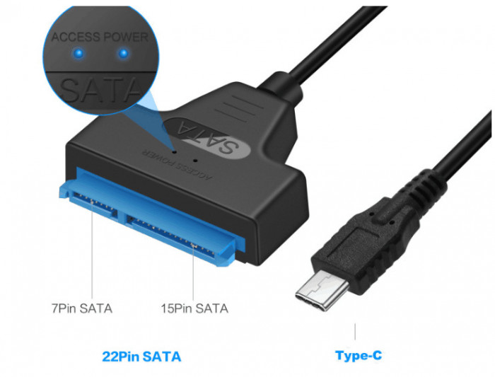 Convertor USB Type C - SATA 22 pini max 6TB HDD 2.5&quot; si SSD