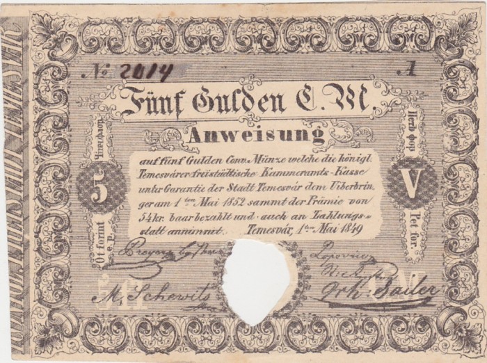 Ungaria Temesvar Romania Timisoara 5 GULDEN Forint 1849 XF