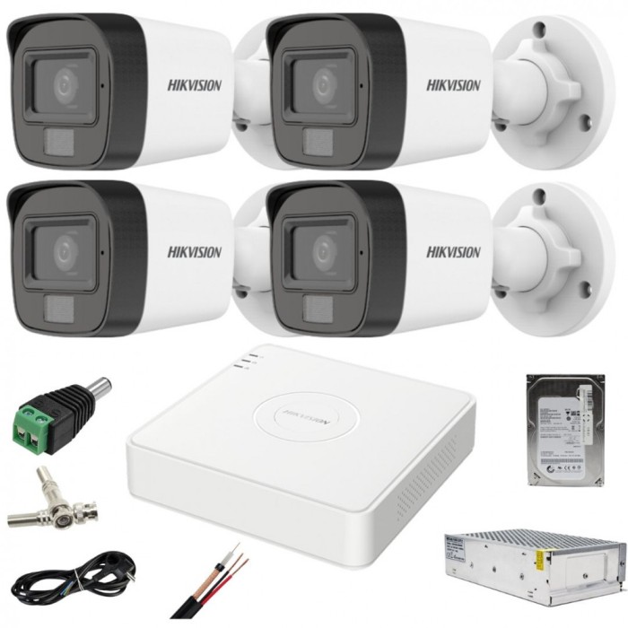 Sistem supraveghere Hikvision 4 camere 2MP Dual Light WL 20m IR 25m DVR 4MP AcuSense cu accesorii incluse HDD 500GB SafetyGuard Surveillance