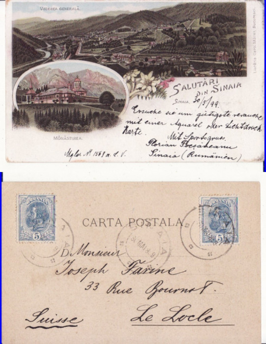 Salutari din Sinaia - Litografie 1899 -Manastirea- edit. Bucuresti