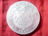 Moneda Argint 5 Lei 1880 Carol I, Semnatura pe Cerc, Calitate Mediocru - Numismatica Romania
