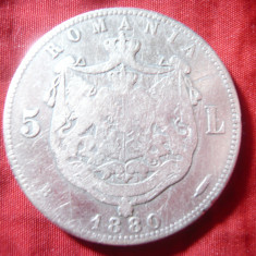 Moneda 5 lei 1880 Carol I , semnatura pe cerc , argint , cal.mediocru
