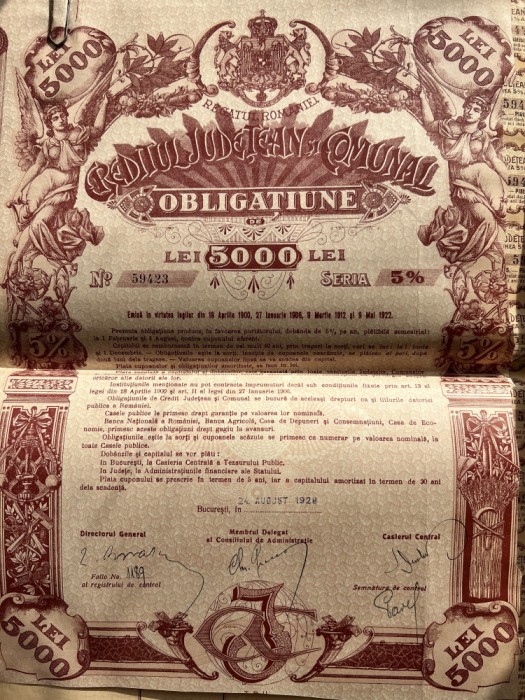 Regatul Romania Creditul Judetean si Comunal 1928 Obligatiune 5000 lei