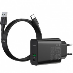 Incarcator Retea cu cablu USB Tip-C Baseus BS-EU905O, 1 X USB - 1 X USB Tip-C, 30W, Quick Charge - Power Delivery, Negru TZCCFS-H01