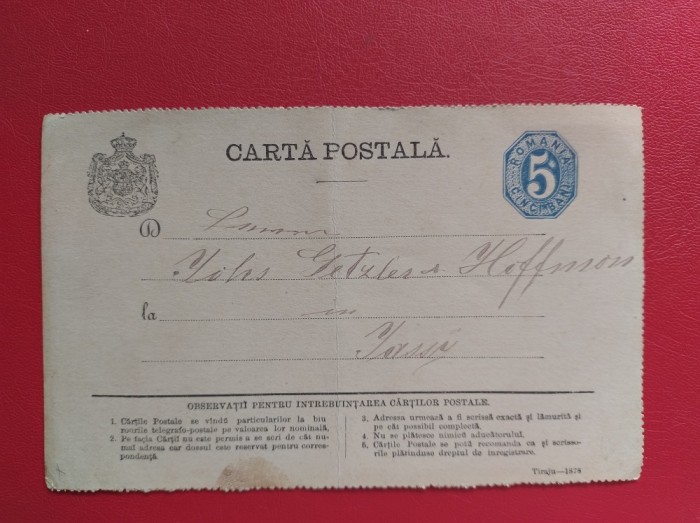 1878 - CARTE POSTALA CIRCULATA LA IASI