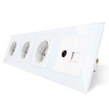 Priza cvadrupla - 3 x priza simpla + 1 x priza TV / internet Livolo VL-C7-C4EU/VC-11, incastrat, contact de protectie, rama din sticla inclusa, alb