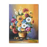 Tablou cu flori pictat manual - Vaza cu flori multicolore, gingasie, 40x30cm ulei pe panza, gata de agatat pe perete