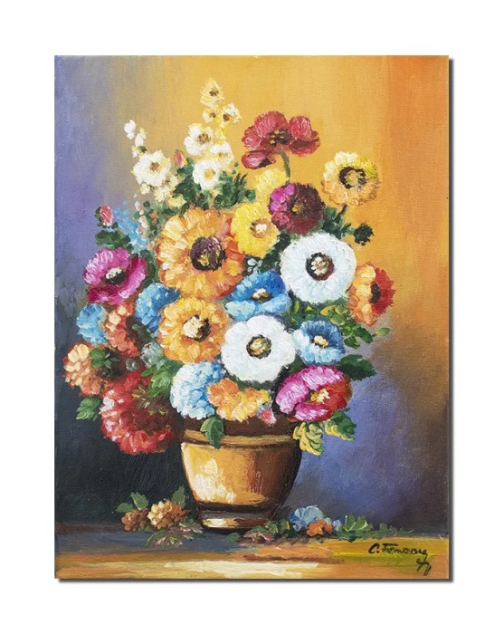 Tablou pictat manual, Vaza cu flori multicolore, gingasie, 40x30cm ulei pe panza, Constantin Feraru
