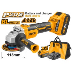 Polizor unghiular 115 mm, 20 v brushless cu 2 acumulatori 4 ah incarcator si geanta, pentru taiere si slefuire a metalului si pietrei - Ingco CAGLI115