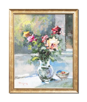 Tablou cu trandafiri pictat manual inramat, Puritate, 55x45cm ulei pe panza, rama din lemn, Geo Ungureanu foto