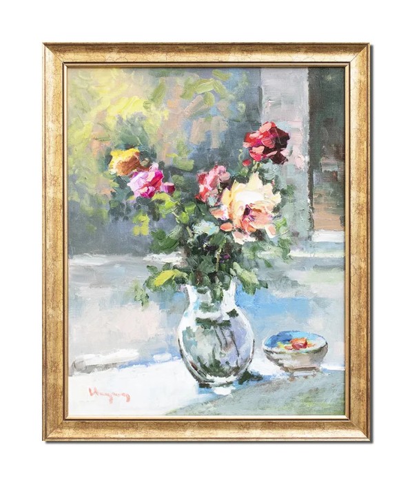 Tablou cu trandafiri pictat manual inramat, Puritate, 55x45cm ulei pe panza, rama din lemn, Geo Ungureanu