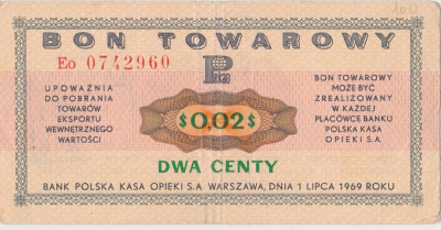 POLONIA $0,02 CENTS BON TOWAROWY 1969 VF foto
