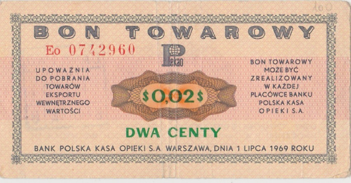 POLONIA $0,02 CENTS BON TOWAROWY 1969 VF