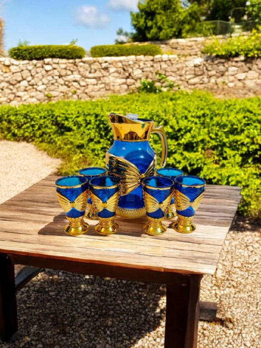 Set carafă cu pahare albastre model fundiță