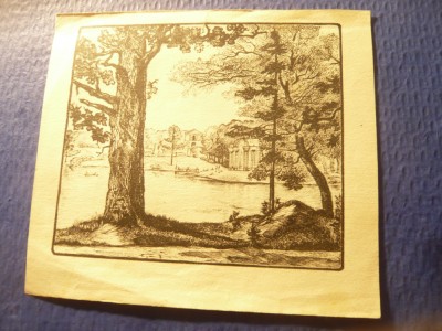 Litografie dupa Gravura - Peisaj cu Conac si lac ,dim.=13,8x12,2cm foto
