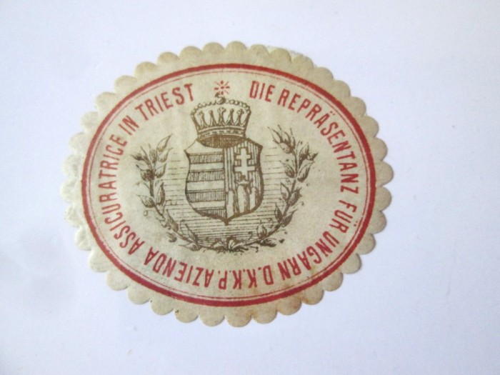 Rar! Ungaria timbru de control Compania de Asigurari D.K.K.P. Trieste reprezentanta pentru Ungaria circa 1915,dim:42 x 37 mm