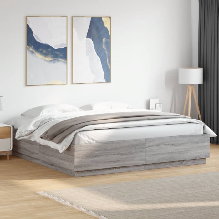 vidaXL Cadru de pat cu lumini LED gri sonoma 200x200 cm lemn prelucrat 3209588