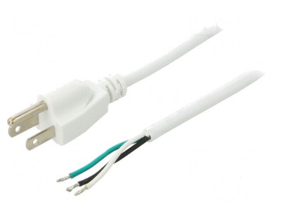 Cablu 3x18AWG NEMA 5-15, Mufă PVC 2m Alb, 10A 125V foto