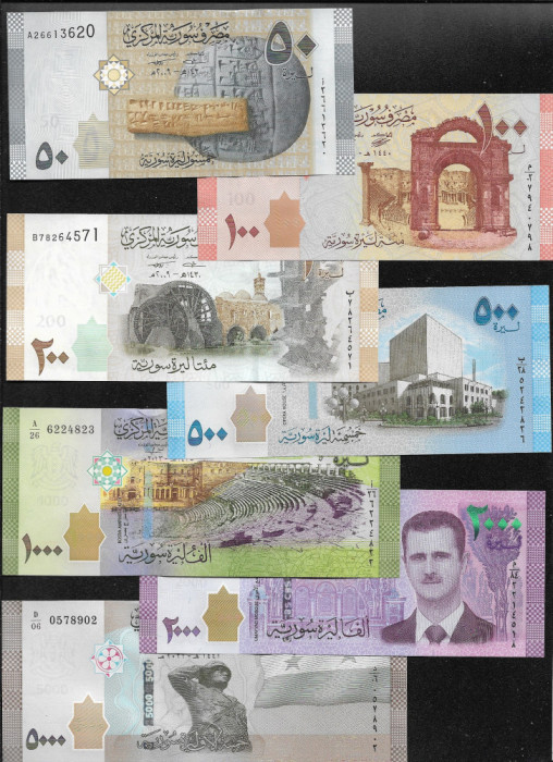 Set Siria Syria 50 + 100 + 200 + 500 + 1000 + 2000 + 5000 pounds unc/aunc