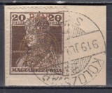ROMANIA 1919 EMISIUNEA CLUJ SUPRATIPAR PE TIMBRELE KARL&amp;ZITA 1918 ESEU VALOAREA 20 BANI BRUN SUPRATIPAR AURIU/FRAGMENT STAMPILAT
