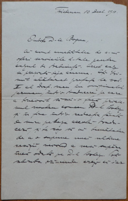 Scrisoare a lingvistului roman de nationalitate evreiasca, Heimann Hariton Tiktin, prieten cu Eminescu, 1910