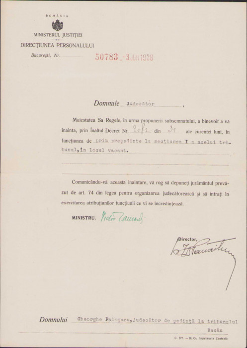 HST 202S Semnătura olografă Victor Iamandi 1938 numire președinte tribunal Bacău