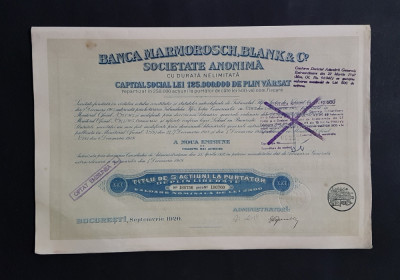 Actiune 1920 banca Marmorosch , Blank &amp;amp; Co , titlu 5 actiuni la purtator foto