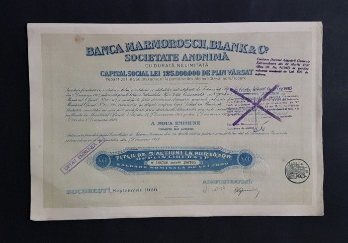 Actiune 1920 banca Marmorosch , Blank &amp; Co , titlu 5 actiuni la purtator