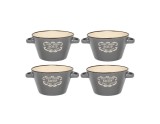 Set 4 boluri pentru supa din ceramica, gri cu mesaj si interior bej, 650 ml