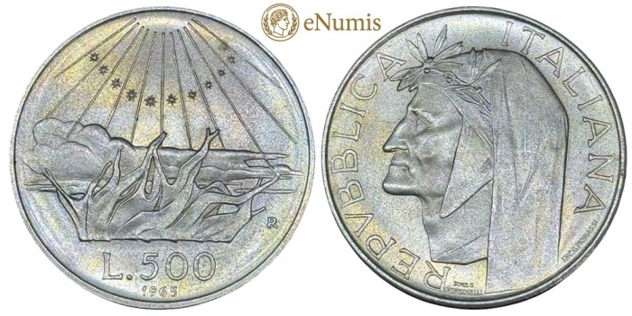 (M101) 500 Lire 1965R Argint Italia - Km  100 - Comemorativa Dante Alighieri