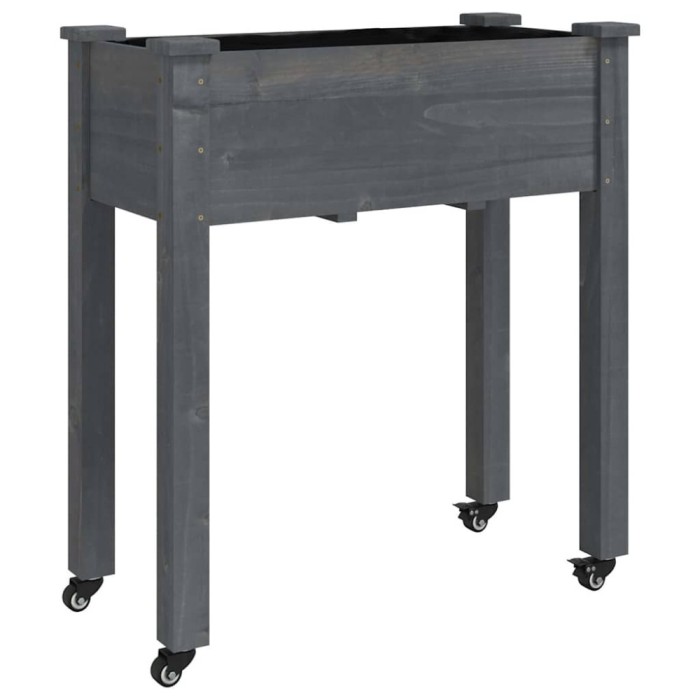 Jardiniera pe roti cu captuseala gri 71x37x80cm lemn masiv brad