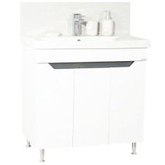 Set mobilier baie GN7561, cu lavoar ceramic, front MDF, 80 cm, 3 usi, 2 rafturi, picioare cromate reglabile, alb/antracit