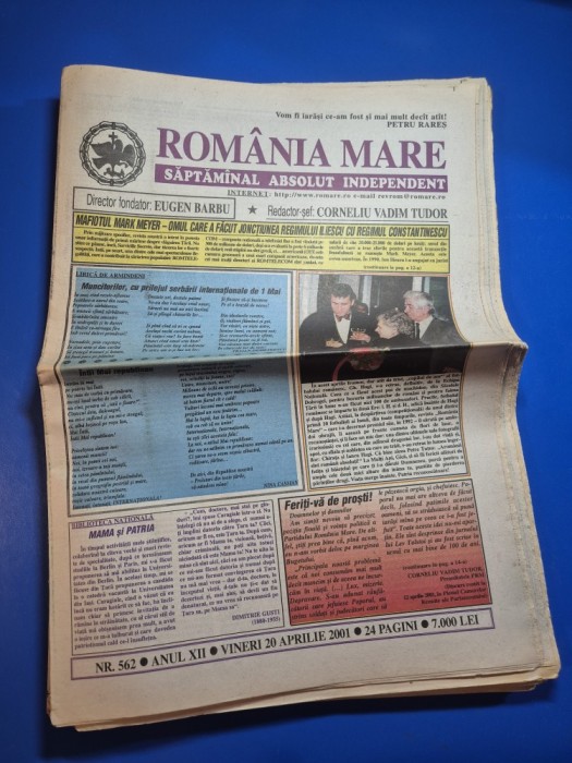 ziarul romania mare 20 aprilie 2001 - redactor sef corneliu vadim tudor , retragerea lui gica hagi