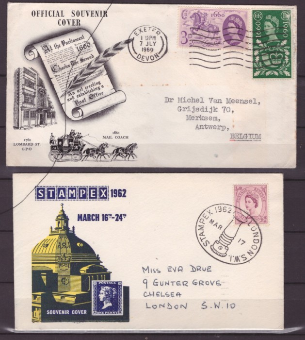 204-ANGLIA -2 plicuri circulate 1960 OFICIAL SUVENIR COVER si 1962 STAMPEX