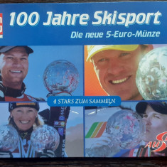 MONEDA DIN ARGINT AUSTRIA - 5 EURO 2005, MONEDA UNC IN BLISTER-100 ANI SKI SPORT