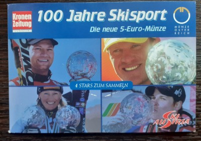 MONEDA DIN ARGINT AUSTRIA - 5 EURO 2005, MONEDA UNC IN BLISTER-100 ANI SKI SPORT foto